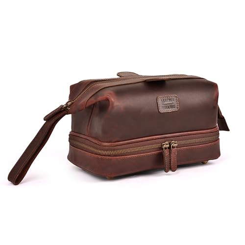LEATHER VILLAGE Leather Toiletry Bag for Men, Travel Dopp Kit Shaving Bag | Full grain buffalo leather, two zip compartments, 9.6x5.5x5.1 in, YKK zippers, water-resistant lining, shaving kit- Cherry - color: Cherry
