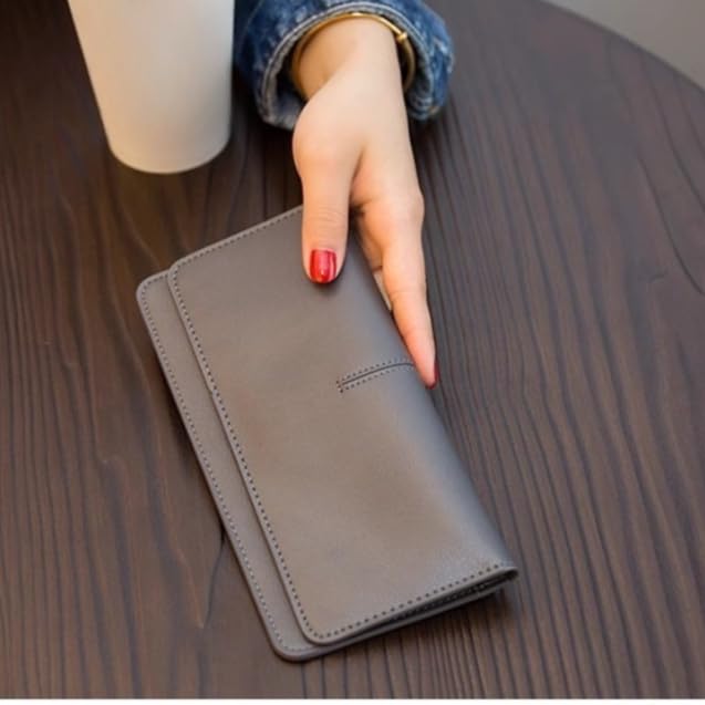 Long Slim Leather Wallet, Ultra Thin Soft Card Holder with Snap Closure, Minimalist Bifold Wallet for Men and Women (Grey) - color: Grey