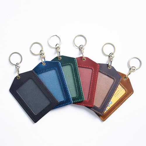 Genuine Real Leather ID Badge Holder, Top Grain Leather Vertical ID Holder with Gold Metal Keyring (Black) - color: 02 Id Holder - Black