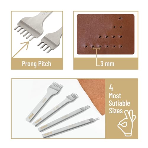 UNCO- Leather Stitching Punch, 4 Pack, 3mm, 1/2/4/6 Prong, Leather Hole Punch Tool, Stitching Chisel - size: 3 mm
