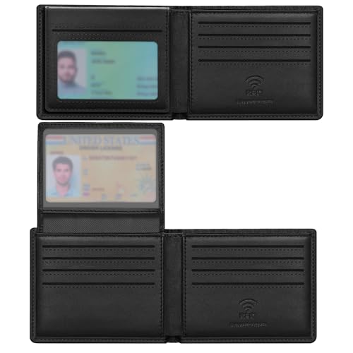 Travelambo Genuine Leather Wallet for Men with Gift Box - Handmade Bifold Stylish - Mens Wallets Rfid Blocking with 2 ID Windows - color: Grain Leather Black