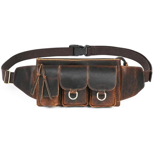 Water Resistant Canvas + Leather Hiking Riding Travel Fanny Waist Pack Small Phone Pouch For Men Women FB811-29 (100% Leather-The 341 Coffee) - color: 100% Leather-The 341 Coffee