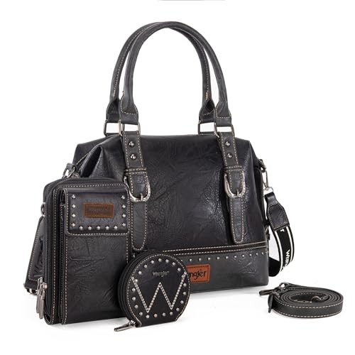 Wrangler 3Pcs Doctor Bag Sets for Women Top-handle Satchel Bag with Cell Phone Handbag and Coin Purse - color: Eye-catching Black