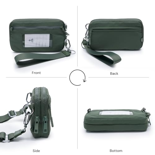 Nylon Wristlet Wallets for Women, Zip Crossbody Phone Purse with Card Slots | Two detachable straps, 8 card slots, clear ID window, dual compartments, and room for a 6.9-inch phone - color: Green