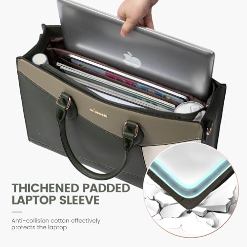LOVEVOOK Laptop Bag for Women,15.6 lnch Waterproof Lightweight Leather Tote Bag,Professional Business Office Work Bags with Clutch Purse,Large Capacity Computer Shoulder Handbag,Army-Grey-White - color: Army Green - Grass Grey Green - Beige White(leather)