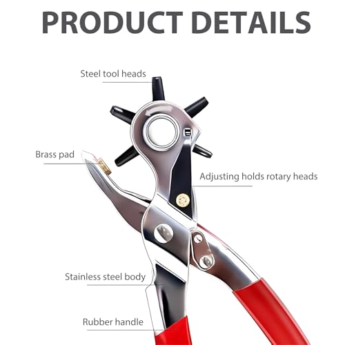 Leather Hole Punch Tool, 6 Sizes Rotary Punch Plier, Heavy Duty Belt Hole Puncher with Adjustable Wheel for Leather Straps Dog Collars Shoes, Red