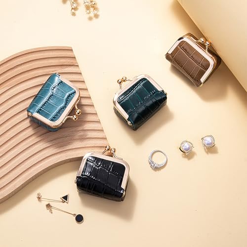 Genuine Leather Mini Jewelry Box & Coin Purse for Women, Travel Jewelry Case with Kiss Lock, Holds Earrings, Rings, Necklace, Bracelet, Coins (Ice Blue Crocdile Pattern) - color: Ice Blue - 2.5in - Crocodile Pattern