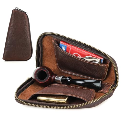 Hiram Handcrafted Pipe Tobacco Pouch, Full Grain Embossed Leather Smoking Pipe Storage Organizer Portable Accessories Tobacco Pouch and Lighter