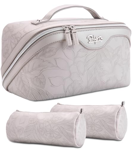 BOYATU Travel Makeup Bags Cosmetic Organizer Bag: 3-Set Make up Bag | Large Capacity PU Leather Toiletry Bags for Women - Wide Open Portable Pouch with Divider & Handle(15-Light Grey-2) - color: 15-Light Grey-2
