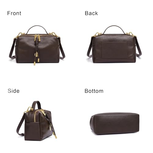 Genuine Leather Shoulder Bag for Women Small Top Handle Bag Crossbody Purse | Smooth Double Zipper Detachable Adjustable Strap Gold-Tone Hardware and Organized Three-Compartment Interior - color: Coffee