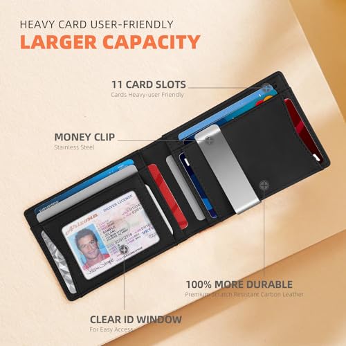 RUNBOX Slim Wallet for Men - RFID Blocking Leather Bifold with Money Clip | Minimalist Front Pocket Wallet Holds 11 Cards,Slim Thin Design,RFID Blocking Protection, Practical Birthday Gifts for Men - color: Bicolor Crazy Horse Black