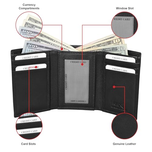 ASAD Leather Slim Everyday Trifold Wallet with ID Window and Multiple Card Slots | Genuine Leather Double Stitched RFID Blocking Stylish | Gift for Him | Black - color: Black