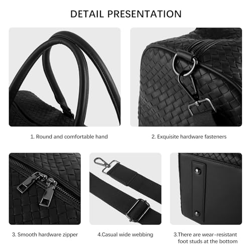 Weekender Bags for Women Woven Leather Travel Duffle Bag Gym Tote (Black) | Carry On Bag for Men with Shoe Compartment Dry and Wet Separation - color: Black