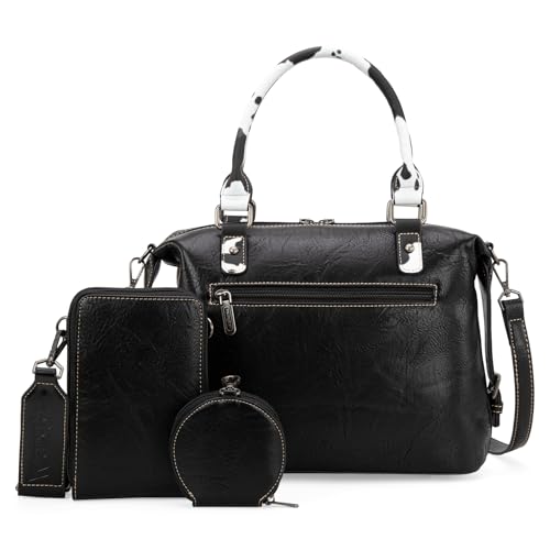 Wrangler 3Pcs Doctor Bag Sets for Women Top-handle Satchel Bag with Cell Phone Handbag and Coin Purse - color: Black Cow Print