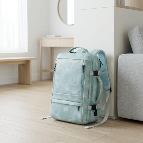 Travel Backpack Women, PU Leather Carry On Backpack Flight Approved, Blue | 40L Expandable, Laptop Compartment, Personal Item Travel Bag, Weekender Business - color: Light Blue