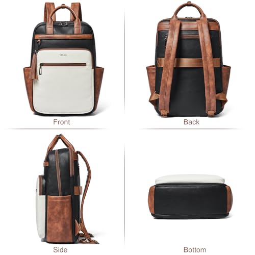 Laptop Backpack for Women 15.6 inch Travel Leather Backpack Purse Work Computer Backpacks for Business College Black With Brown and White - color: Black With Brown and White