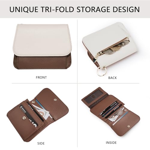 Keychain Wallet for Women,RFID Wristlet Wallet with Beaded Strap | Tri-Fold Design,6 Card Slots,ID Window,Zipper Coin Pocket,Lightweight Carry - color: Beige＆Brown