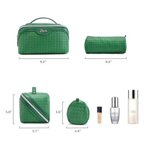 BOYATU Travel Makeup Bag Cosmetic Bags for Women: 3 Pcs Set Make up Bag | Large Capacity Waterproof Vegan Leather Organizer Bags with Compartments - Lay flat Toiletry with Handle (L38 Green) - color: L38 Green