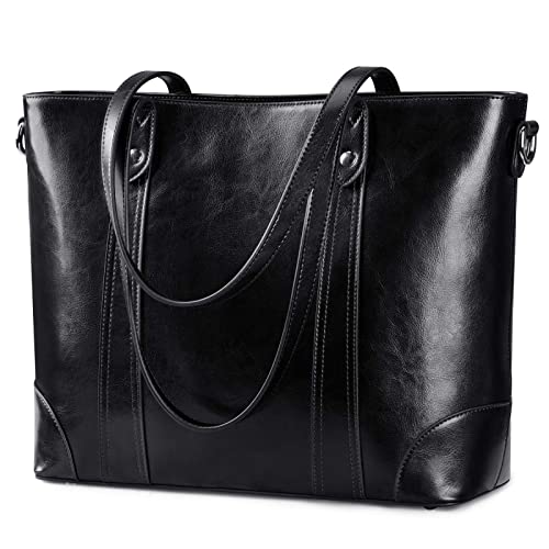 S-ZONE Leather Tote Bag for Women Large Work Shoulder Handbag with Zipper - color: Black