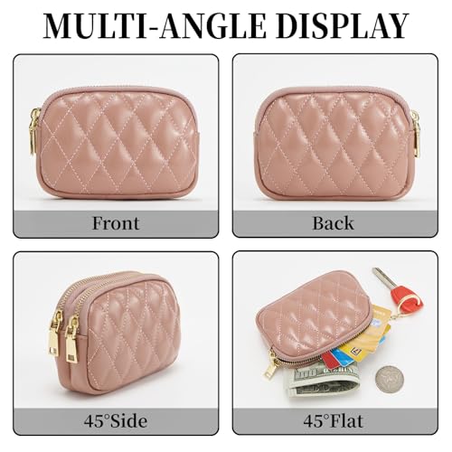 WOZEAH Leather Coin Purse for Women Small 2 Zipper Change Wallet with Key Ring Card Key Coin Cash Holder Pouch(Quilted Purple) - color: Quilted Purple