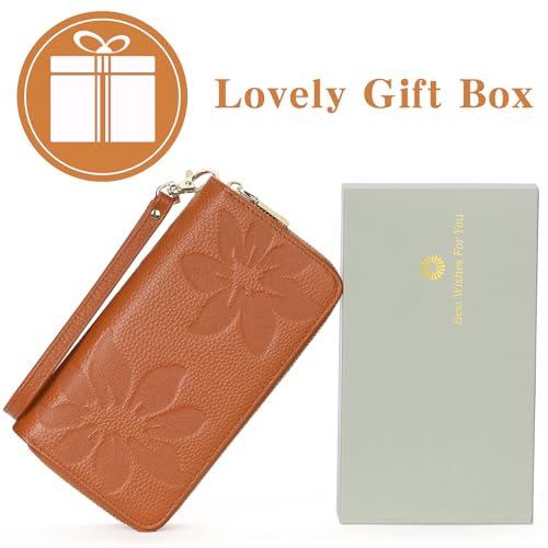 GOIACII Women's Wallet RFID Blocking Leather Wristlet | 2 Zip Around, Large Capacity, Credit Card Holder, Ladies Phone Clutch Purse - color: A04 Brown