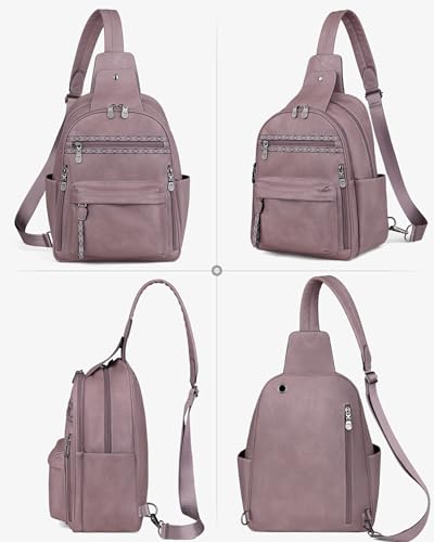 Large Sling Bag for Women, Designer 10L Leather Crossbody Purse | Anti Theft Sling Backpack, RFID Fanny Packs for Travel, Ideal for Vacation Walking Daily Errands - color: Purple Retro Style