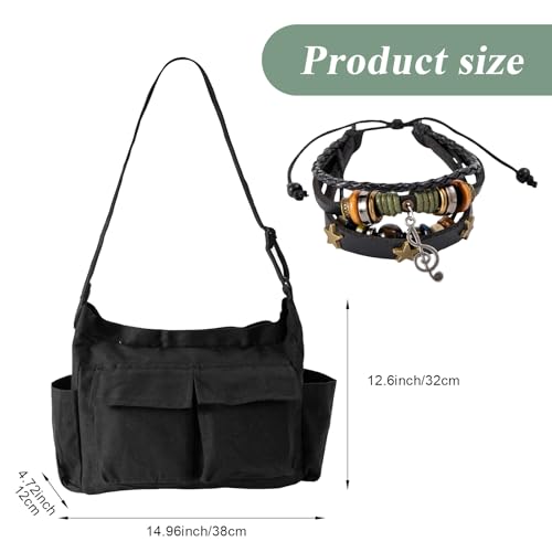 Canvas Messenger Bag for Women, Grunge Bag with Fairy Grunge Bracelet, Crossbody Bag with Bracelets Fairy Grunge Clothes - color: Black