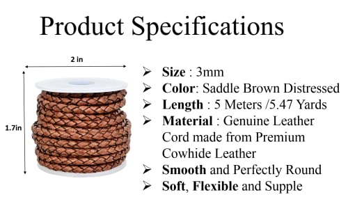 GENIQUE Real/Genuine Round Braided Leather Cord String Rope Folded, Leather Rope for Crafts, Jewelry Making, Necklace, Bracelets (5 Metres) (3mm, Saddle Brown Distressed) - color: Saddle Brown Distressed, size: 3mm