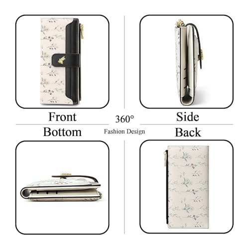 Women's Bifold Long Wallet, Slim & Thin RFID Blocking Floral Vegan Leather Card Holder with Bow Keychain (Black) - color: Black