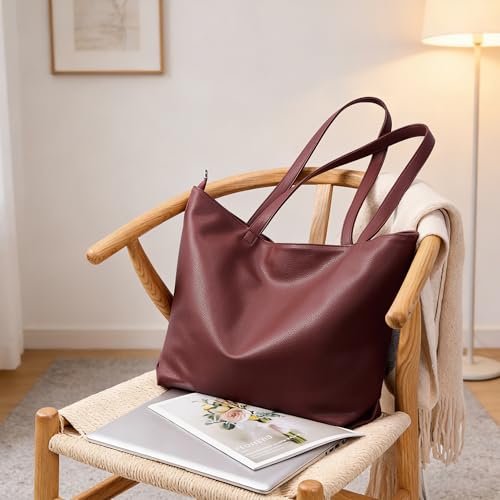 WLLWOO Soft Vegan Leather Tote Bag for Women Large Hobo Zipper Purse | Casual Shoulder Handbags Carryall for Work Daily Weekender Travel Commute - color: Dark Red