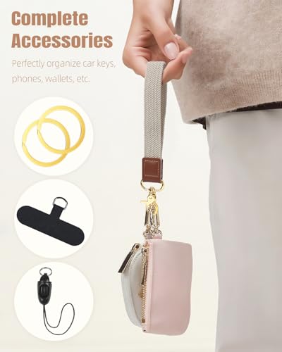 Uniclife Keychain Wristlet, Key Chain for Car Keys Badges, Braided Fabric Keychain with 2 Key Rings Tether Tab & Phone Strap - color: Beige