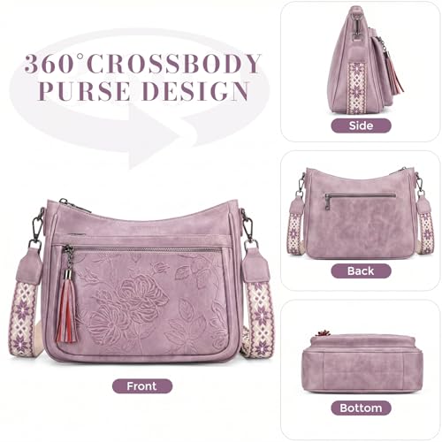 Crossbody Bags for Women, Medium Vegan Leather Purses | Large Capacity Multi-Pocket Embossed Shoulder Bag with Boho Strap for Daily Travel - color: Purple