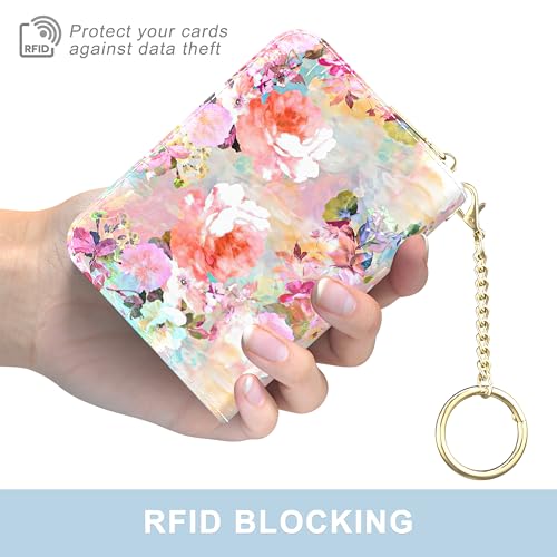 Credit Card Holder, Small RFID Wallet Slim Leather Card Organizer Case - color: B-Watercolor Flowers, size: Wrist Strap
