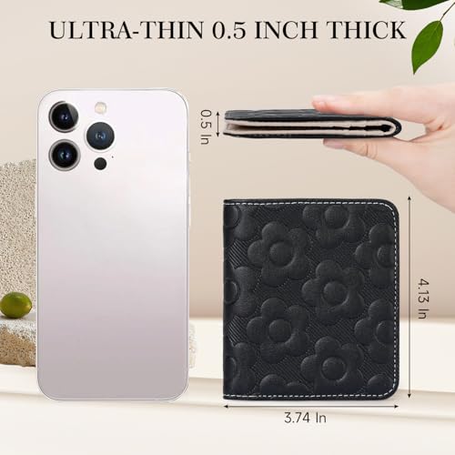 Small Wallet Women Slim RFID Leather Bifold Wallet Embossed Design | Compact design with ID window, card slots, and zipper coin pocket, ideal for daily travel, shopping, and gifts - color: 07-Black