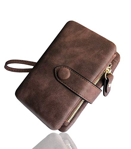 AOXONEL Women's Small Bifold Leather wallet Rfid blocking Ladies Wristlet with Card holder id window Coin Purse - color: Brown