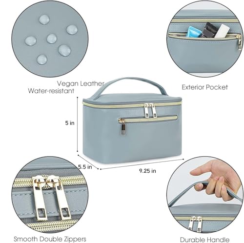 Wandering Nature Makeup Bag, Travel Make Up Organizer Cosmetic Brush Bags Case for Women in Vegan Leather, Grayish Blue, Patent Pending | Portable Make Up Essentials Organizer, Brush Bags for Skincare Cosmetic Lipstick, Eco Vegan Leather, Grayish Blue - c