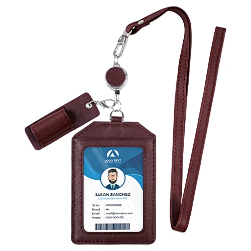 Office Badge Holder - Boshiho Genuine Leather Credit ID Card Holder with Stretch Neck Lanyard Vertical Style (Wine) - color: Wine
