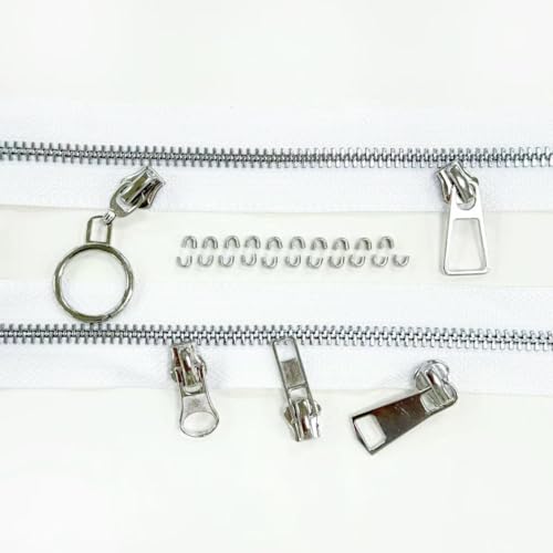 #5 Heavy Duty Metal Zipper 5 Pieces 1 Yard Long Each(White/Silver Teeth) | 10 sliders, 20 top stops, pre-cut 1 yard each, for bags, pillows, jackets, DIY crafts, home decor - color: White/Silver Teeth