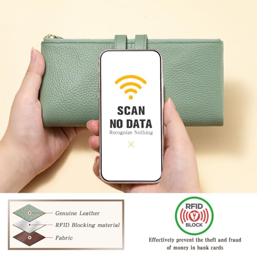 Large Capacity Wallets for Women Soft Leather RFID Blocking Long Wallet Ladies Bifold Clutch Purse Credit Card Holder with Double Zipper Pocket ID Window,Green - color: Green