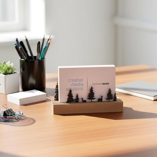CroBlissful 2 Pcs Deer Forest Business Card Holders for Desk, Wood&Metal Black Mountain Range Forest Reindeer Silhouette Business Card Display Stand for Home Office - size: Wood, style: Deer