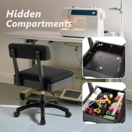 Lessmore Adjustable Height Sewing and Crafting Chair with Wheels, Back Support, and Under Seat Storage - Perfect for Your Craft Room Furniture and Craft Machines (Solid-Black) - color: Solid-Black