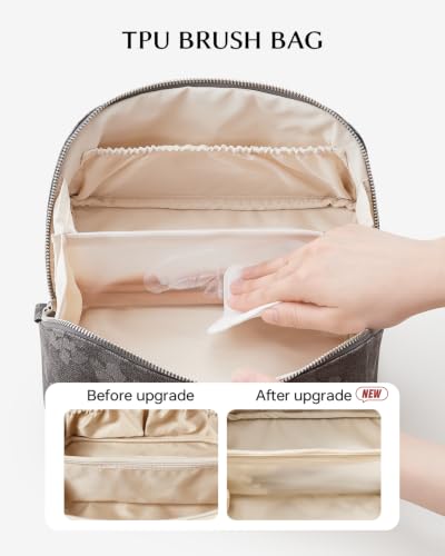 EACHY Makeup Bag, Waterproof PU Leather Travel Toiletry Bag for Women, 180° Wide-Open Flat Cosmetic Bag, Large Capacity Makeup Pouch with Divider and Handle - color: CE-Dark Gray Print, size: Medium