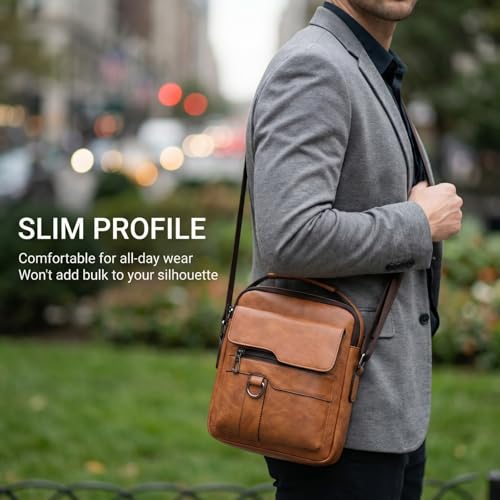 Crossbody Bag for Men, PU Leather Shoulder Messenger Bag with Handle - color: Khaki