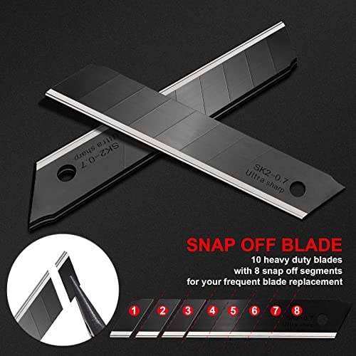 HAUTMEC 10PCS 18mm Triple Cutting-edge Snap Off Blades, Retractable Black Replacement Blades, SK2 Heavy Duty Utility Knife Blades, Strengthened Safety Box, for Box, Carpet, Rope HT0083-BL - style: 10PCS
