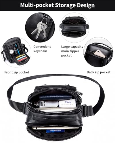 Leather Crossbody Bag for Men with Double Compartments | Genuine cowhide,two roomy sections,adjustable strap,zip closure,ideal for work,commuting,travel and gifts - color: Black-1