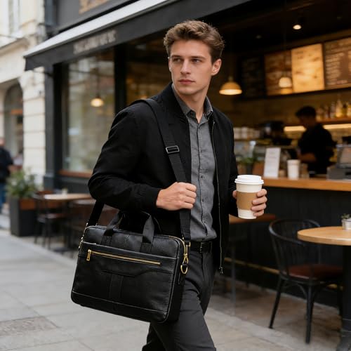 Genuine Leather Briefcase for Men, Laptop Computer Shoulder Bag With Strap, 15.6 Inch Business Travel Work Handbag - color: 3317 Black