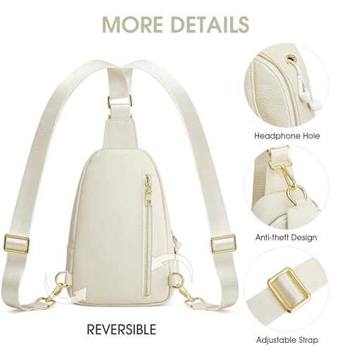 Kattee Sling Bag for Women, Leather Crossbody Bags for Travel, Beige. | Top grain pebbled cowhide leather fanny pack crossbody purse. Small chest bag with RFID blocking for travel. - color: Beige