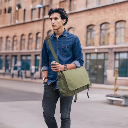 Messenger Bag for men Laptop Bag UnisexRetro Canvas Bag14-15.6 inches Casual single shoulder bag For Work College Travel - color: Army Green