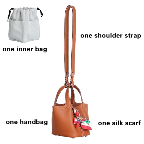 Genuine Leather Bucket Bag with Shoulder Strap, Organizer Insert & Silk Scarf for Women Handbag Tote Bag - color: Brown-gold