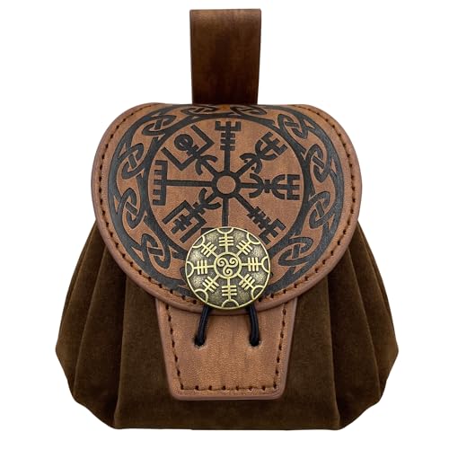 HiiFeuer Medieval Embossed Belt Pouch, Faux Leather Coin Dice Bag | Unisex, Halloween, Ren Faire, LARP,Drawstring Desig, pirate bag, Embossed Pattern,coin pouch,viking cosplay - color: Brown A